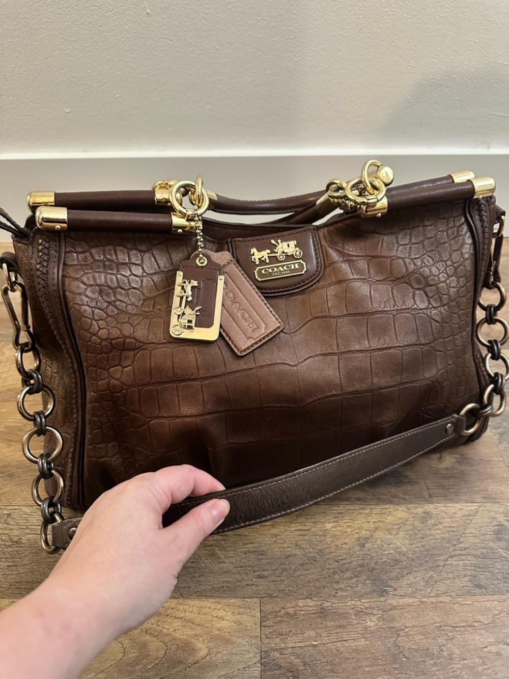 Coach Madison Pinnacle Croc Embossed Satchel Mahogany Brown Gold Hardware Rare - Picture 2 of 13